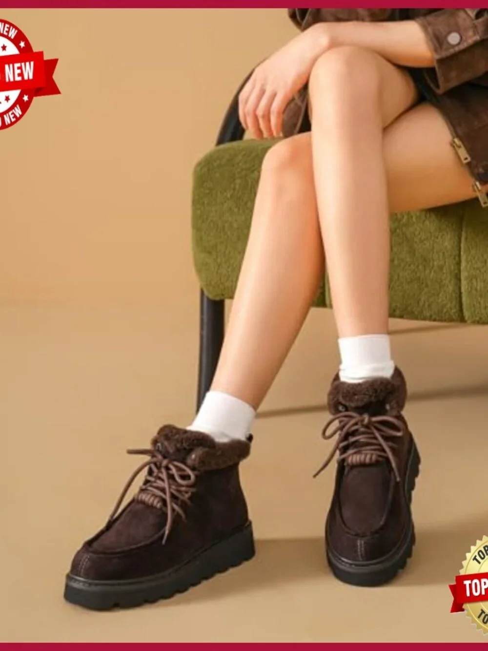 Winter Snow Boots, Genuine Suede Platform Boots, Warm Fur Lined Lace Up Ankle